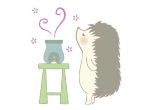 秋の快眠週間｜アロマでリラックスするハリネズミのイラスト