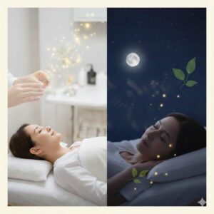 鍼灸で整えた後に自然な眠りへ向かう女性のイメージ