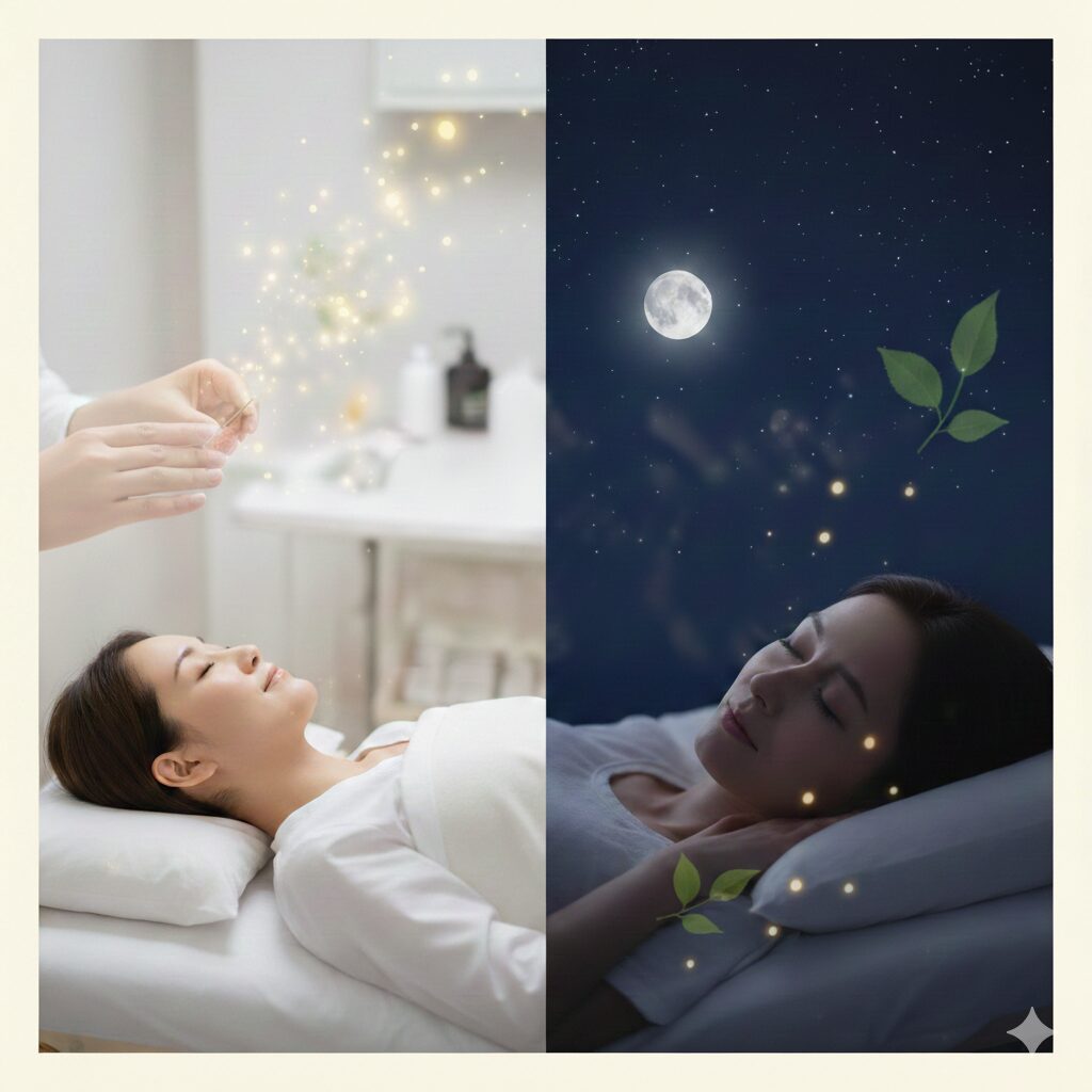 鍼灸で整えた後に自然な眠りへ向かう女性のイメージ