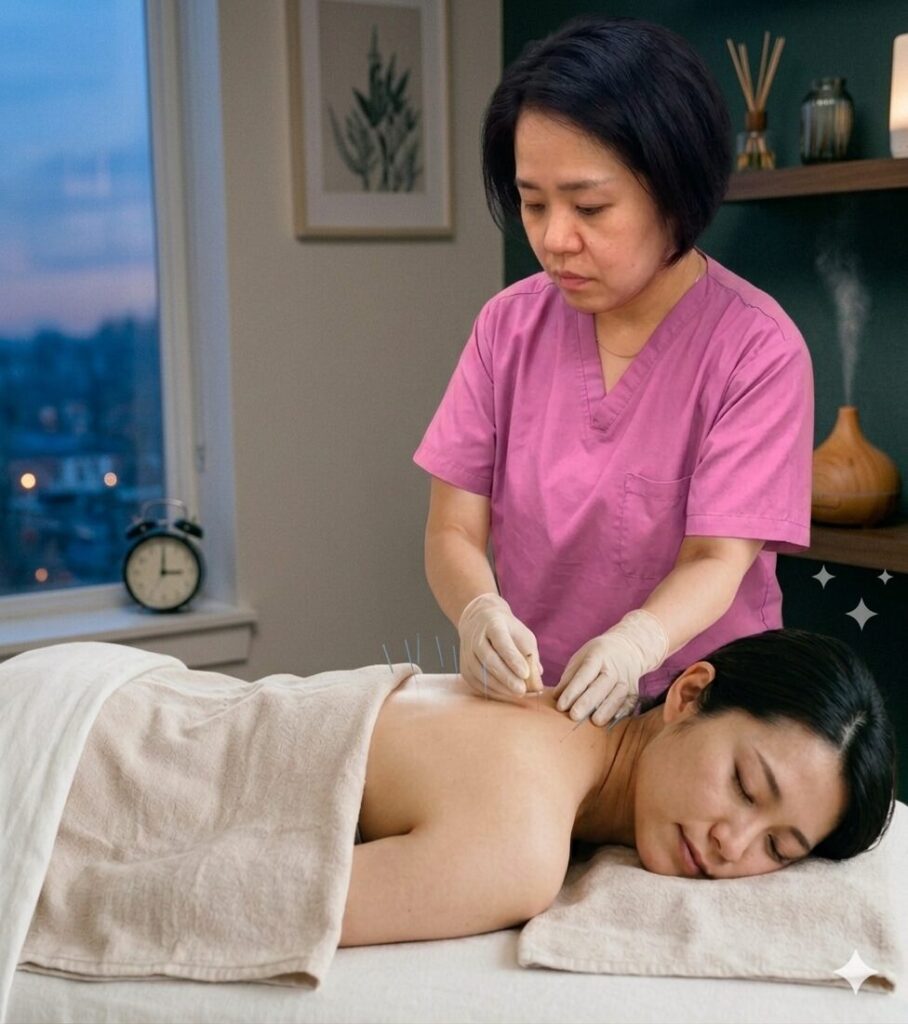 リラックスした状態で鍼灸施術を受ける女性の様子