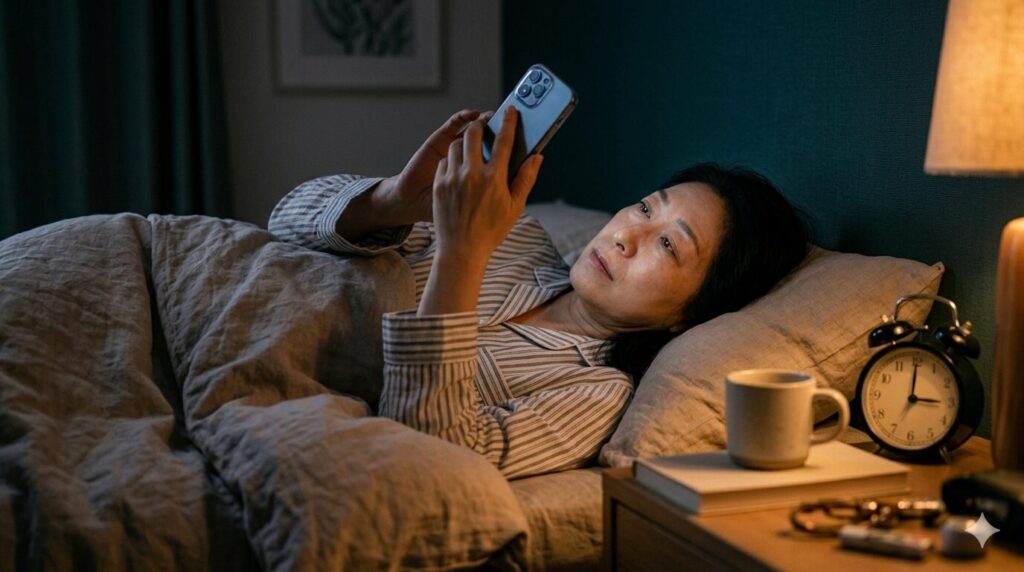 夜中に眠れずスマホを見ている女性の様子