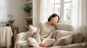 春のやわらかい光の中でリラックスする女性の様子