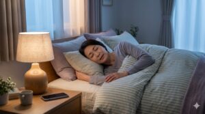 春の夜にリラックスして眠る女性のイメージ