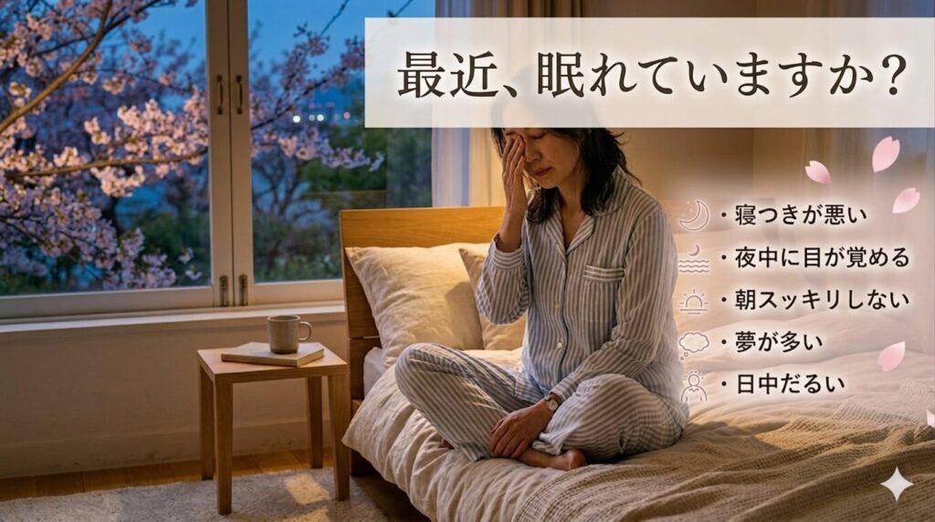 春の睡眠トラブルで寝不足気味の女性が朝の光の中で目元を押さえている様子