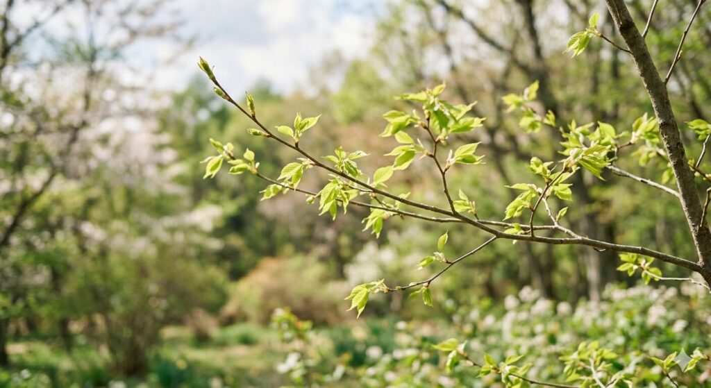 春の風に揺れる新芽とやわらかな自然の風景