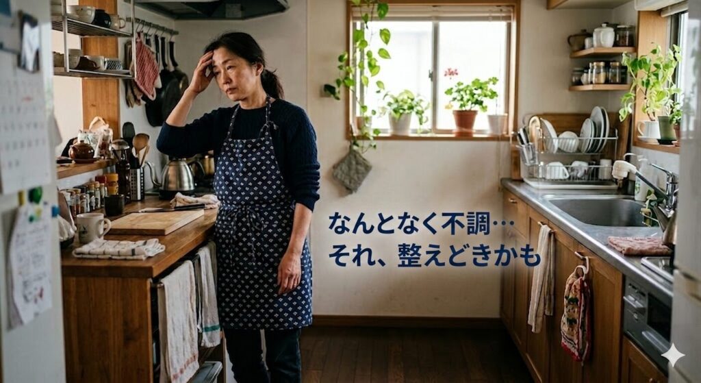 キッチンで軽い不調を感じて頭に手を当てる40代女性の様子