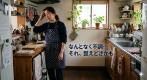 キッチンで軽い不調を感じて頭に手を当てる40代女性の様子