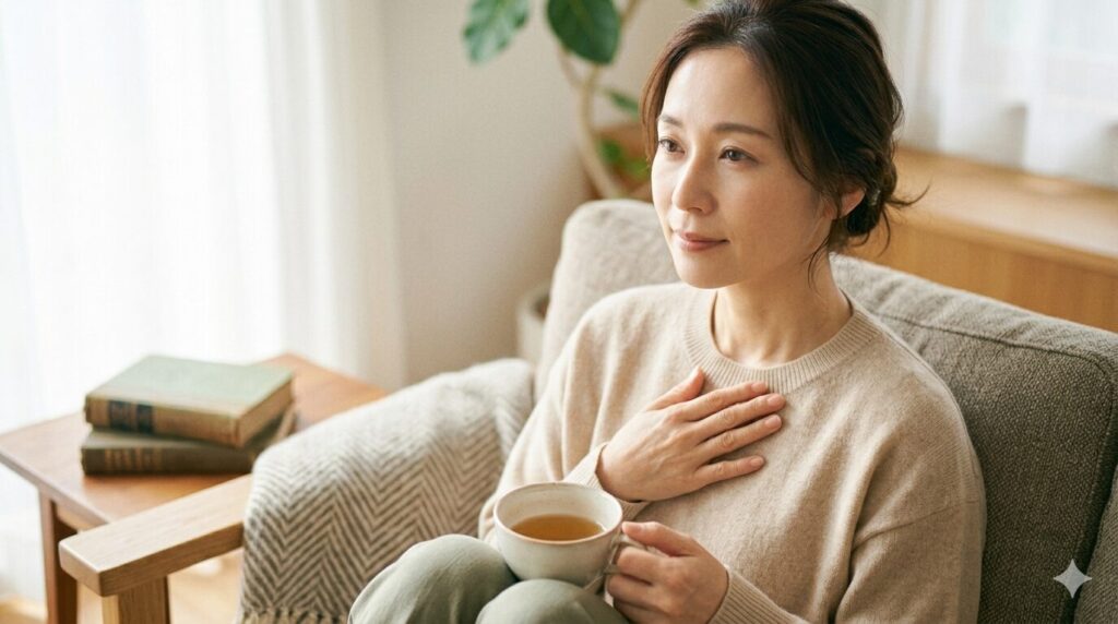 なんとなく不調を感じながらも無理せず過ごしている女性の様子