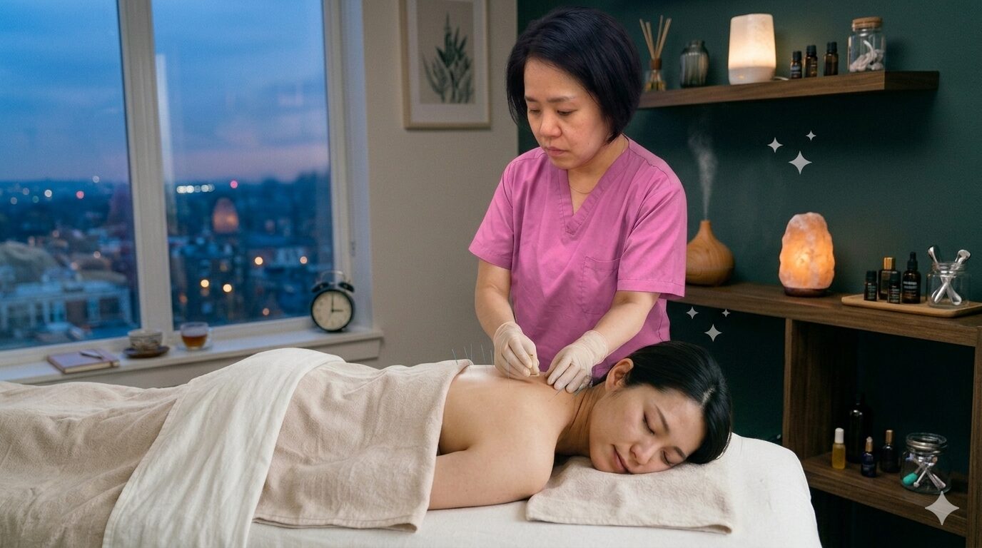 肩こりや自律神経の不調に対応する千葉市若葉区まき鍼灸院の鍼灸施術の様子