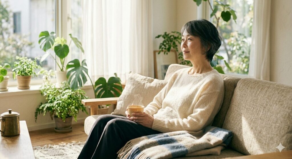 リラックスしてくつろぐ女性|自律神経が整い安心している状態のイメージ