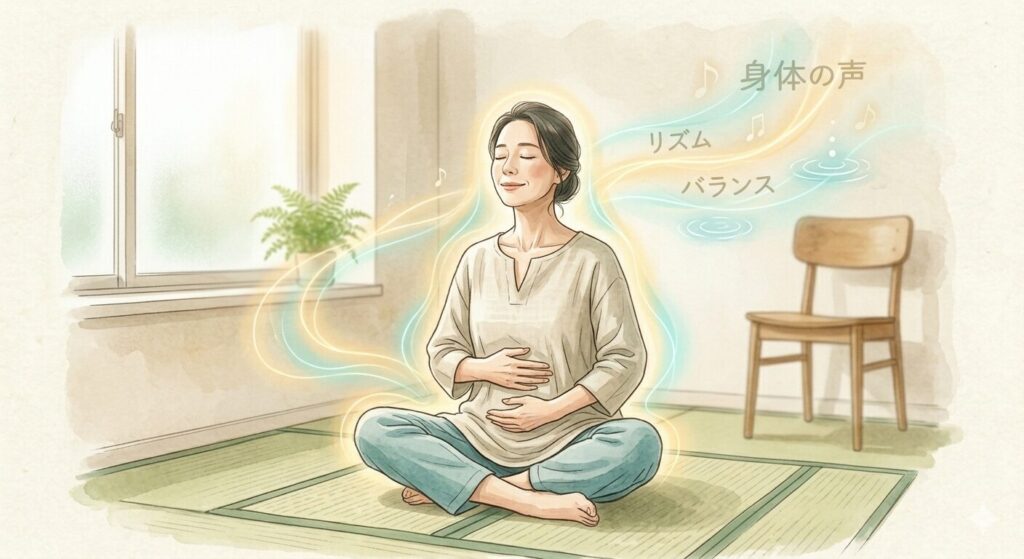 体の声に意識を向け、呼吸とともに心身を整えている女性のイメージ
