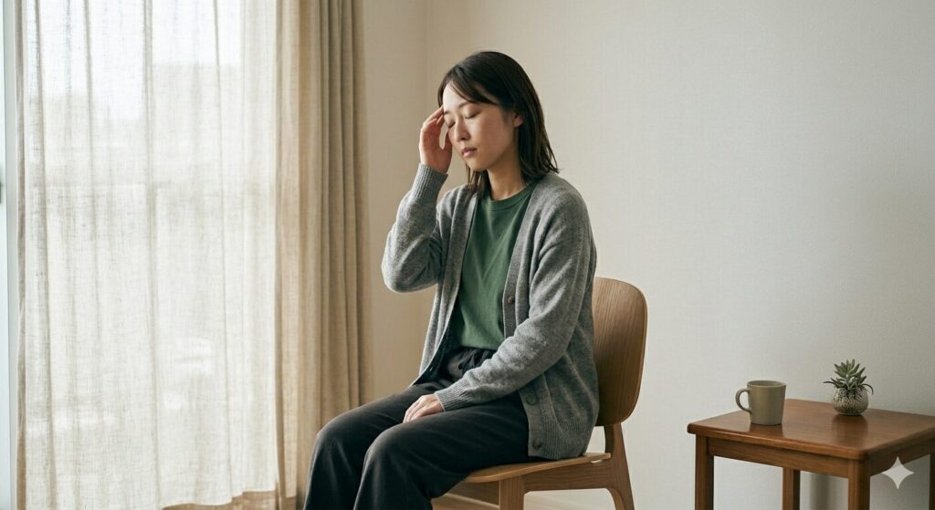 体の違和感に気づき始めた女性が目を閉じている様子