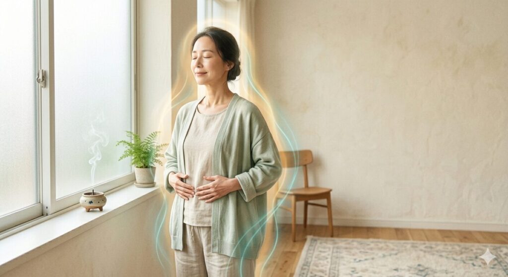 呼吸を整え心身をゆるめている様子のイメージ