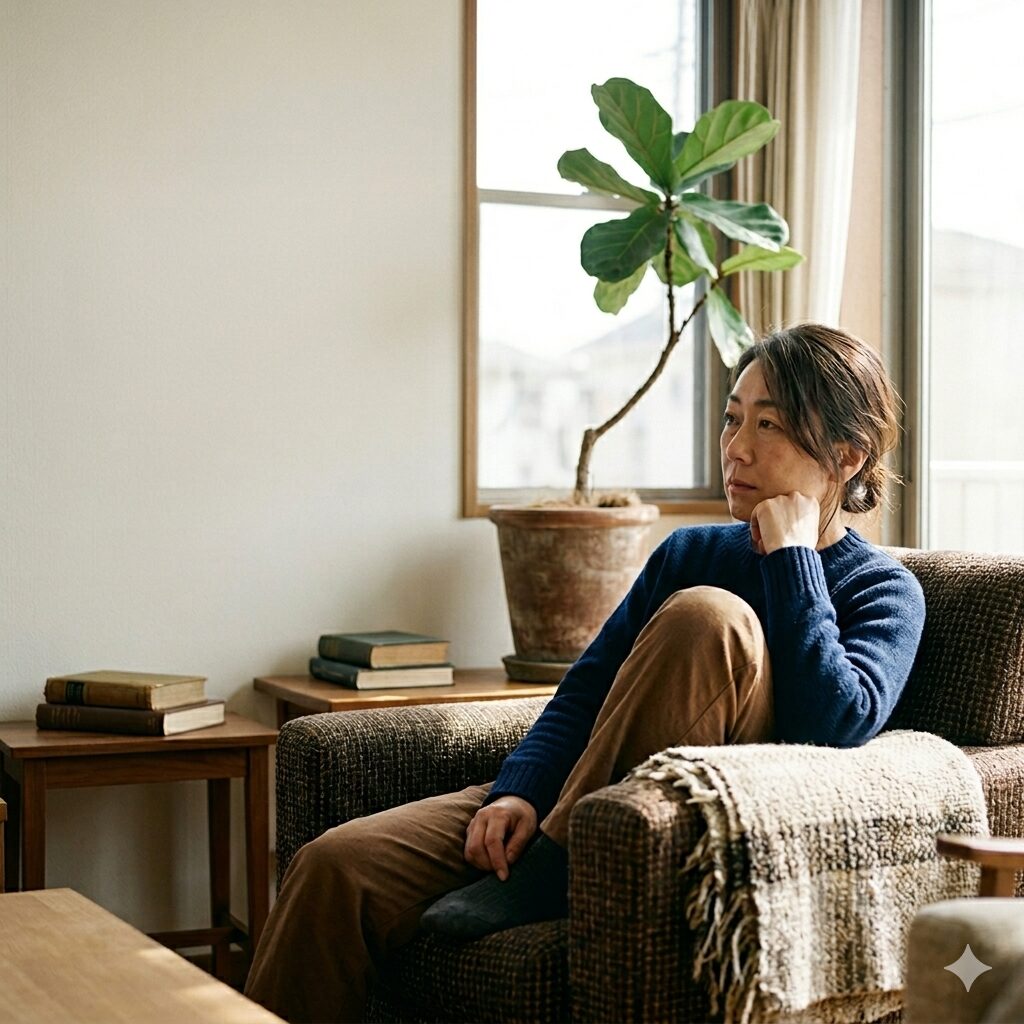 リビングでなんとなく不調を感じながらぼんやり過ごす女性の様子