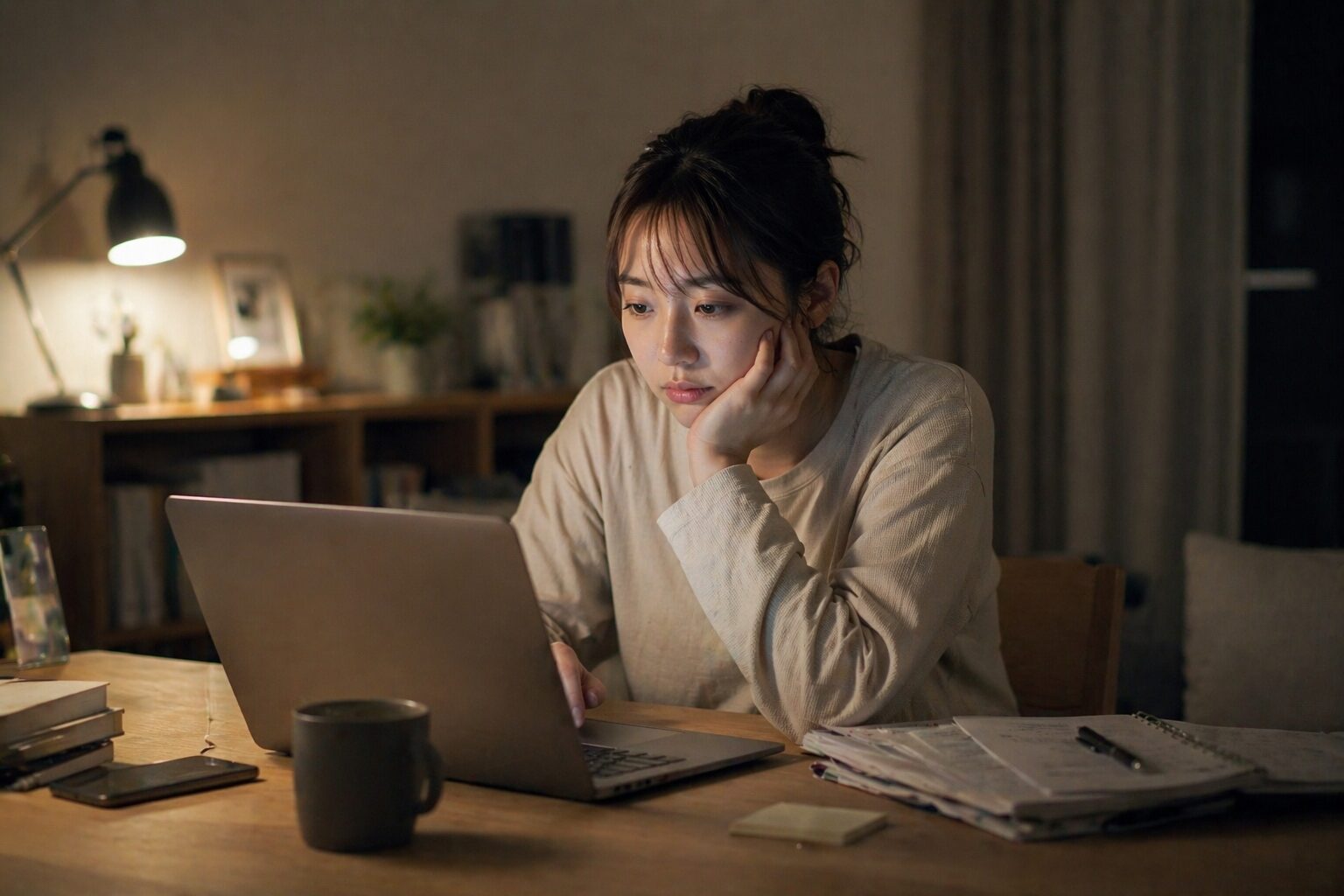 少し疲れを感じながらも仕事を続けている女性の様子