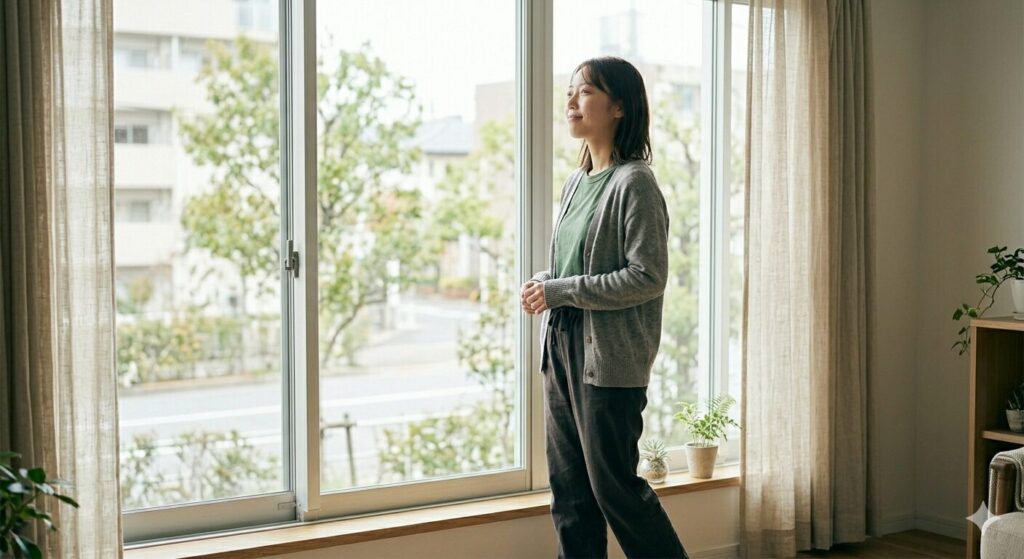 少し安心した表情で前を向いている女性の様子