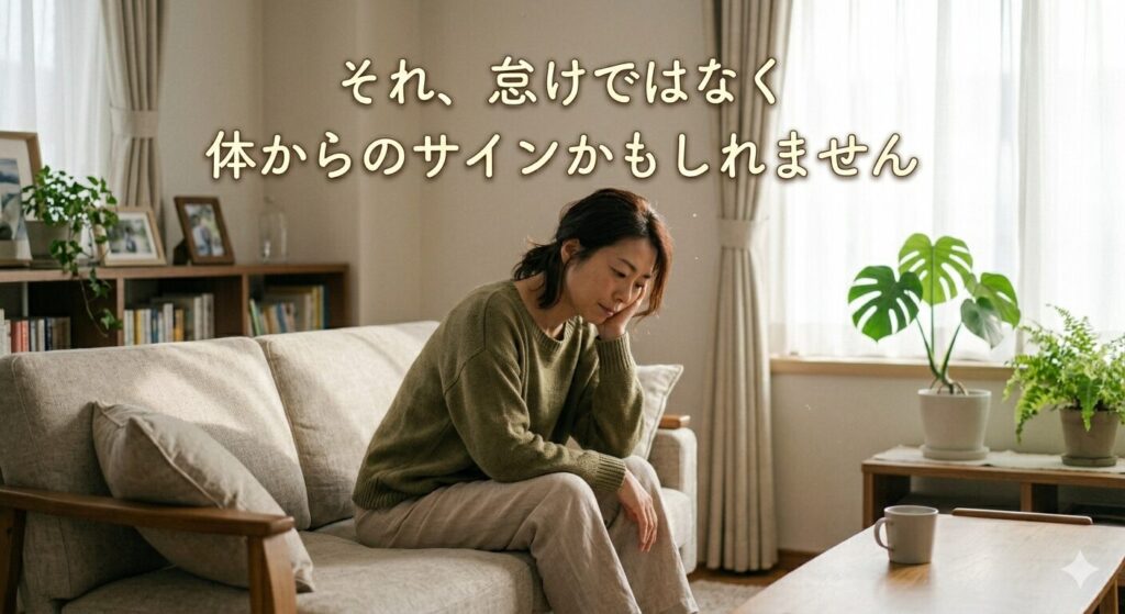 やる気が出ない状態でソファに座り込む女性|怠けではなく体からのサインを表すイメージ