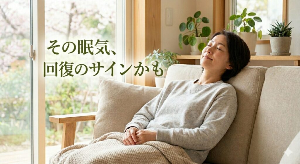春の日差しの中で穏やかに目を閉じて休む女性｜昼間の眠気と自律神経の回復イメージ