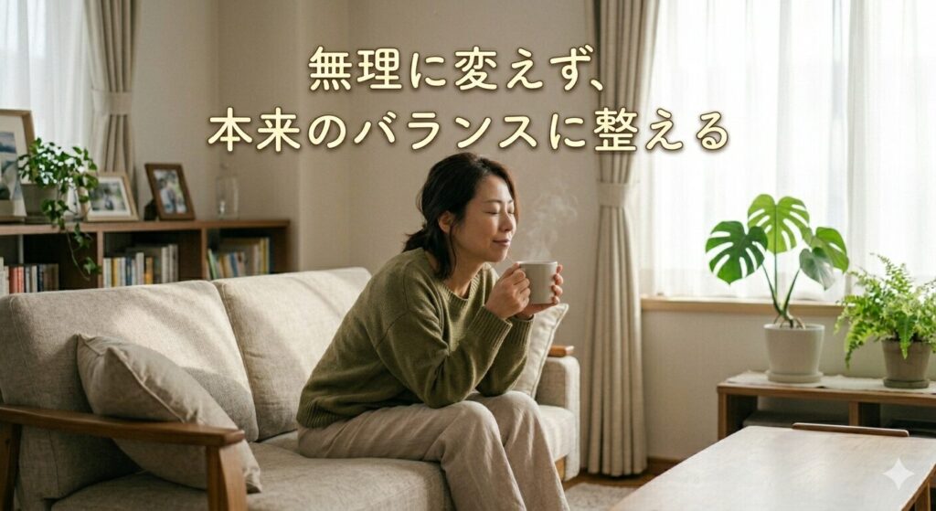 温かい飲み物でリラックスする女性|無理に変えず本来のバランスに整えるイメージ