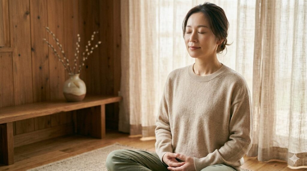 深呼吸しながら心と体をゆるめて整えている女性の様子