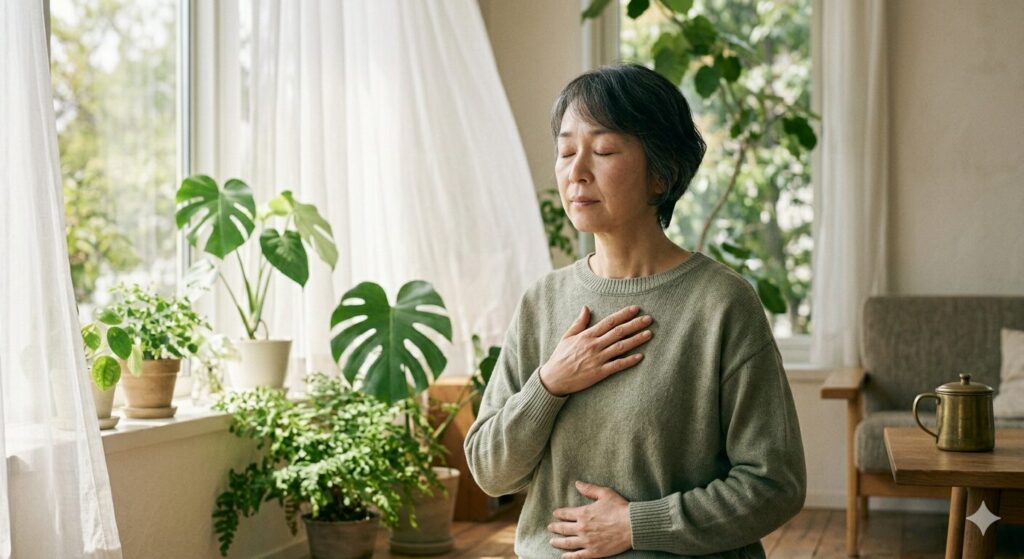 深呼吸をして心と体を整える女性|リラックスと自律神経のバランスのイメージ