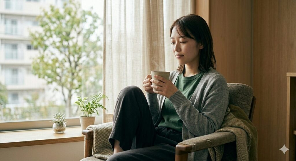 温かい飲み物を持ちながらリラックスしている女性の様子