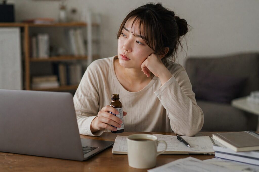 疲れているのに無理に気持ちを切り替えようとしている女性の様子