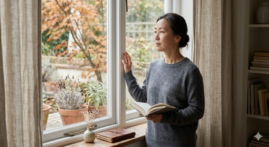 窓際で体調や今後について考えながら立ち止まる女性の様子