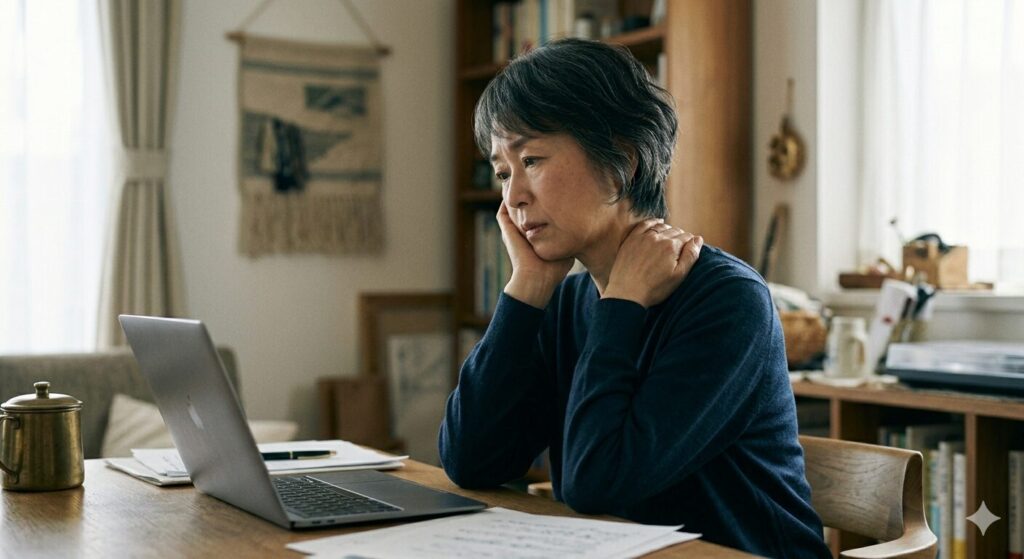 肩に力が入り疲れた様子の女性|自律神経の乱れによる緊張状態のイメージ