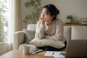 少し疲れた様子でソファに座り、自分の体調に気づき始めた女性のイメージ