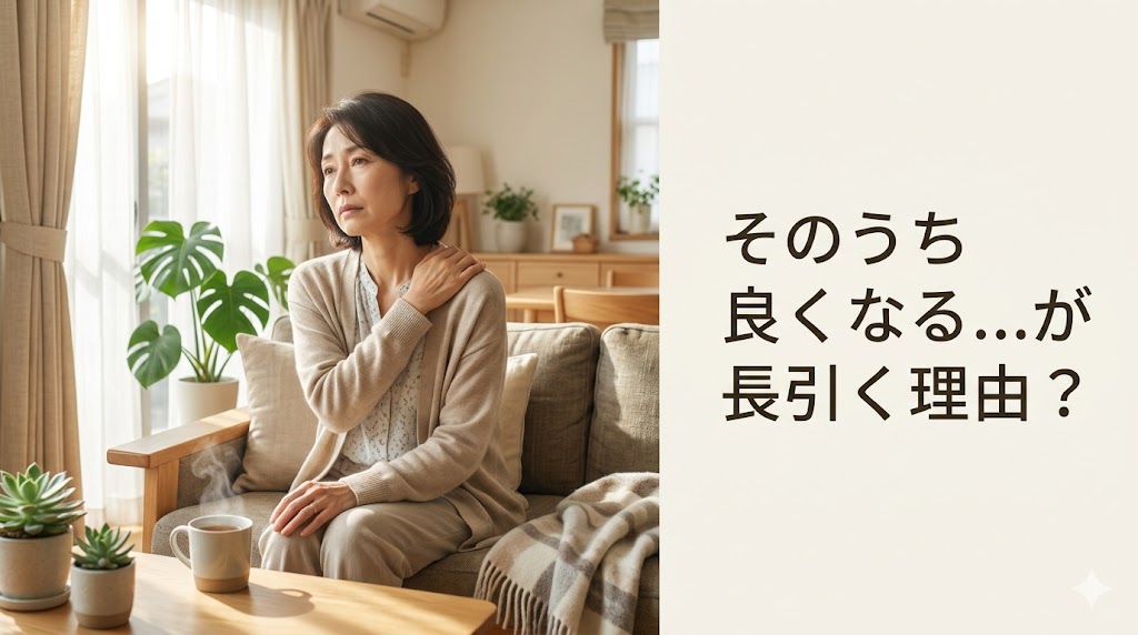 「そのうち良くなる」と我慢しながら肩の疲れを感じている女性のイメージ