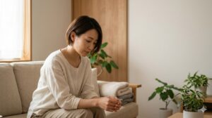 ソファに座って少し疲れた様子で考え込む女性