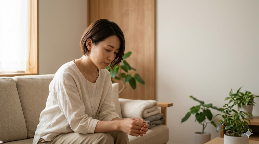 ソファに座って少し疲れた様子で考え込む女性