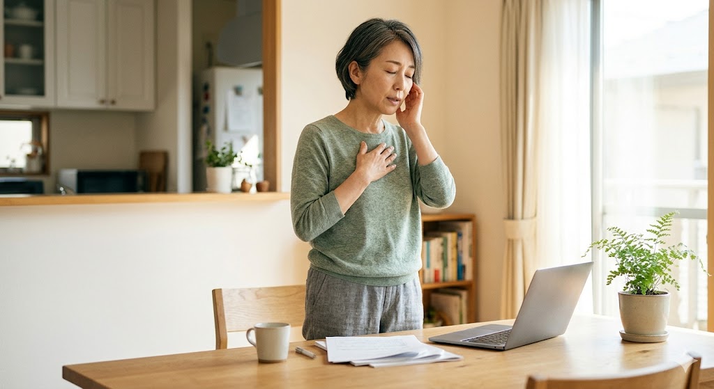 家事を再開しようとしながらも、途中で深呼吸をする女性のイメージ