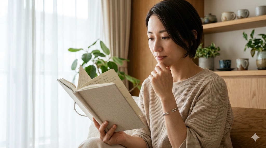 手帳を見ながら自分の体調について考える女性