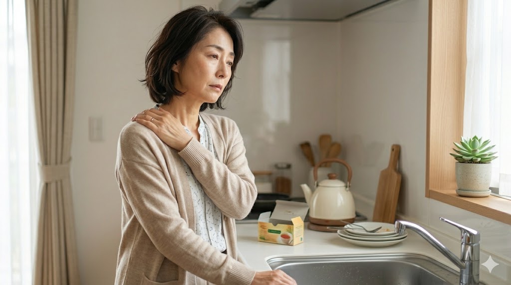 日常生活の中で肩の重だるさを感じている女性のイメージ