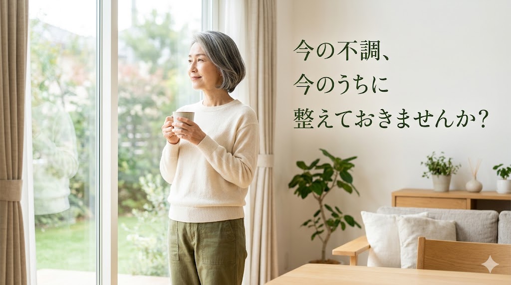 朝の光の中で体調を見つめ直す50代女性
