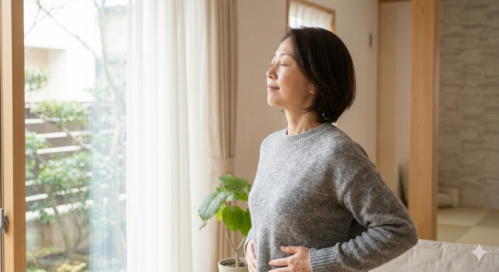朝の光の中で深呼吸しながら、回復途中の体を整えている女性のイメージ