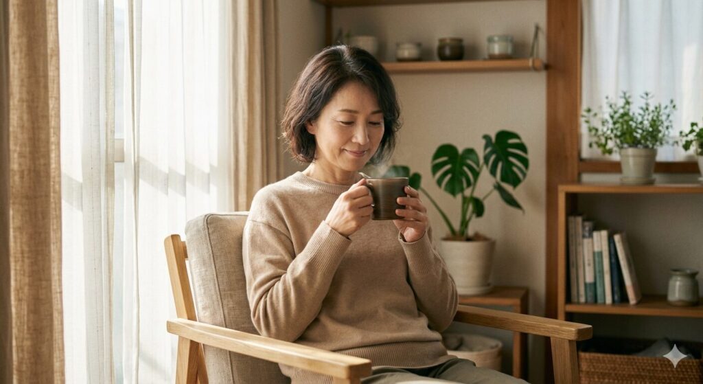 温かい飲み物で体を整えているリラックスした様子