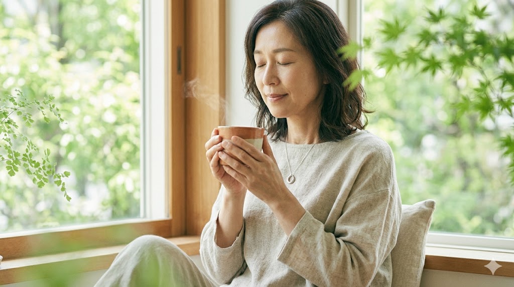 温かい飲み物を持ちながら静かに呼吸する女性のイメージ