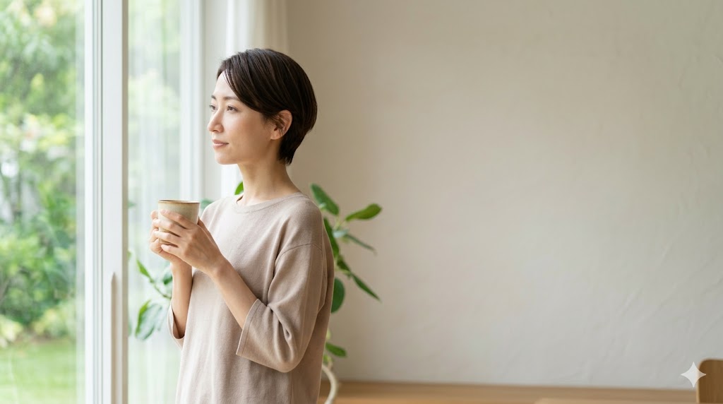 窓辺で飲み物を持ちながら静かに過ごす女性