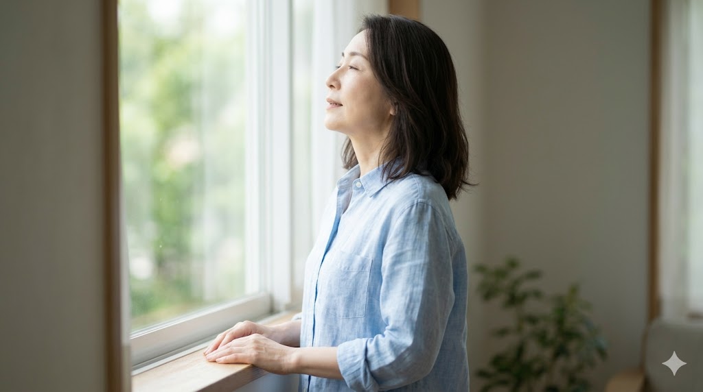 窓際で深呼吸をしながら外を見る女性
