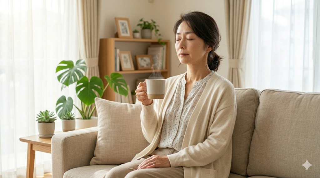 温かい飲み物を飲みながら心と体を落ち着かせている女性のイメージ