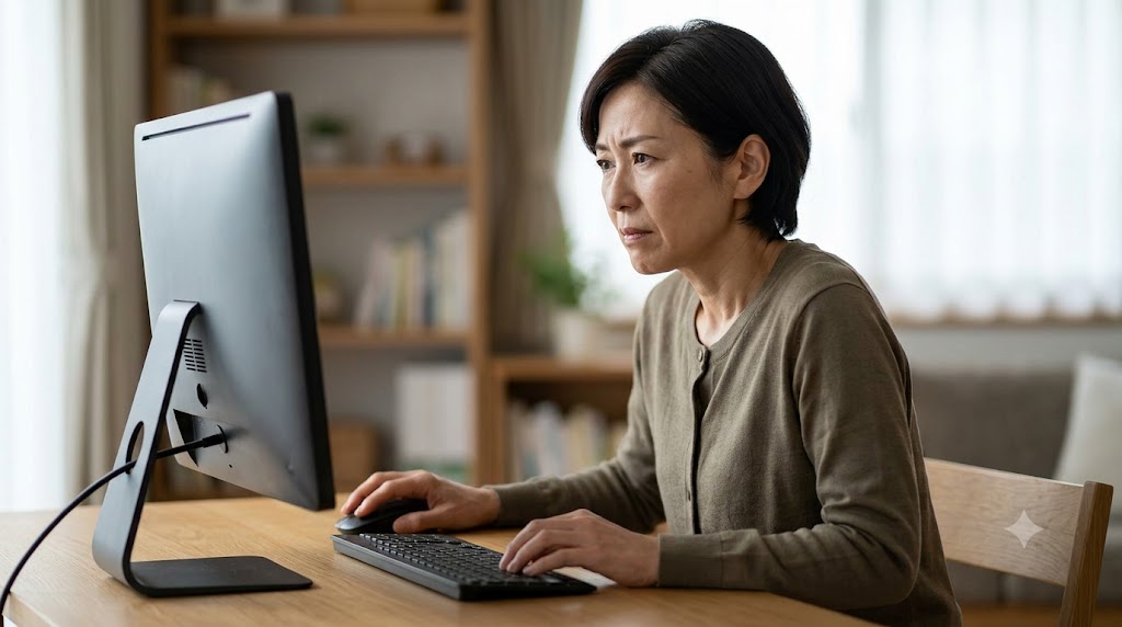 パソコン作業中に肩へ力が入っている女性