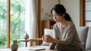 休んでいるのに疲れが抜けず、自分の体と向き合う女性