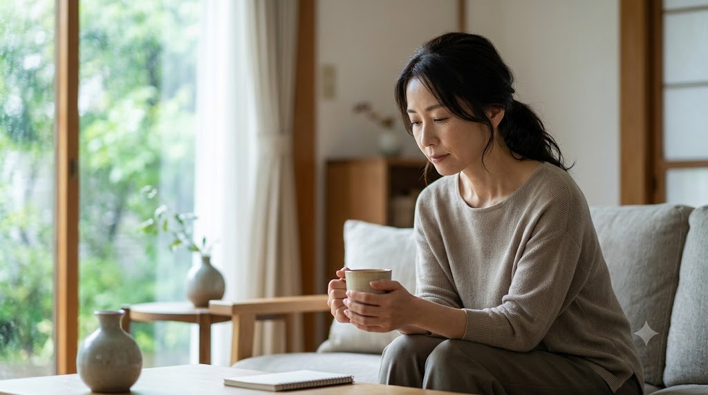 休んでいるのに疲れが抜けず、自分の体と向き合う女性