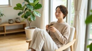 休んでも疲れが抜けないと感じる女性が、深呼吸をしながら心と体を整える時間を過ごしている様子