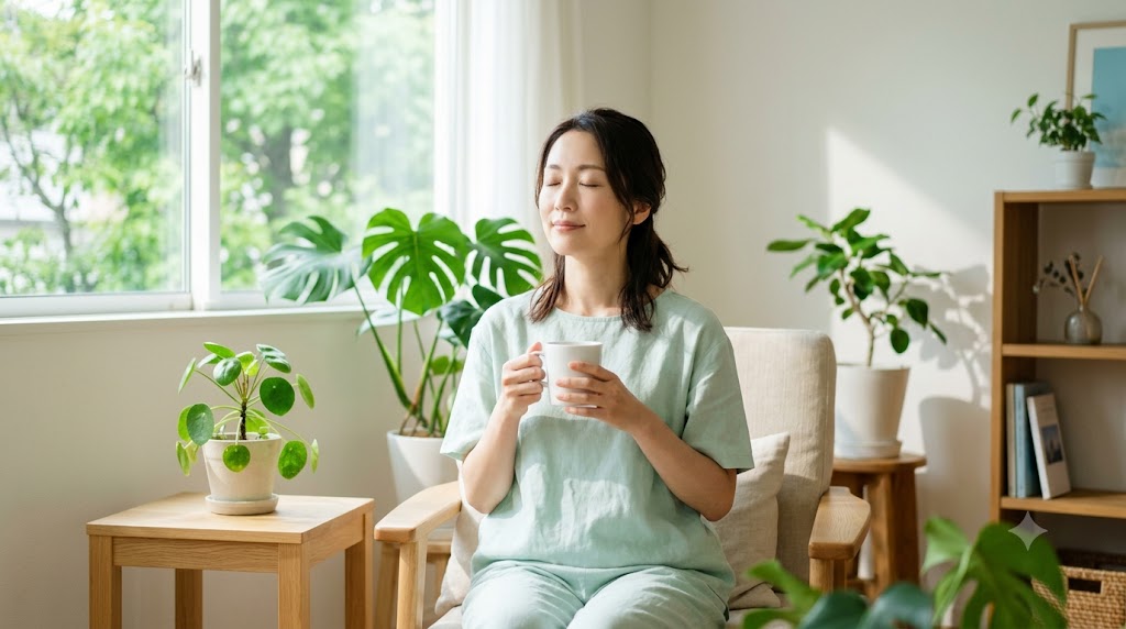 初夏の朝、窓辺で深呼吸をしながら体を整える時間を過ごす女性