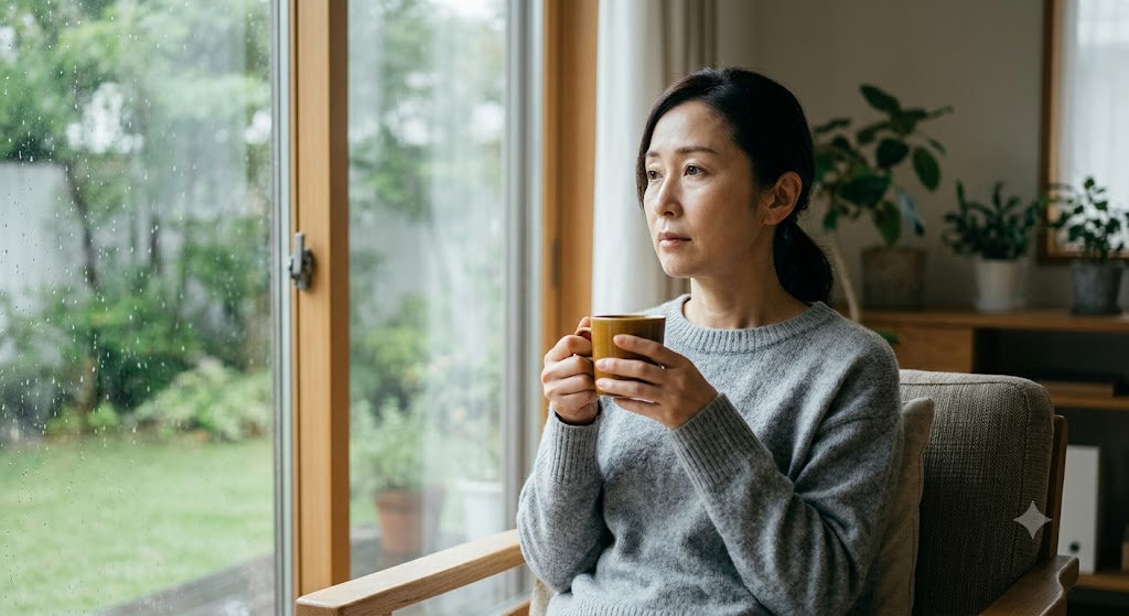 曇り空を見ながら体調の変化を感じる女性