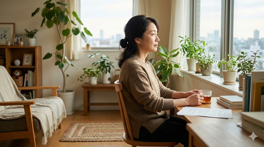 朝の部屋で少し疲れた表情を見せる40代女性。「疲れているのに頑張ってしまう状態」をイメージした写真